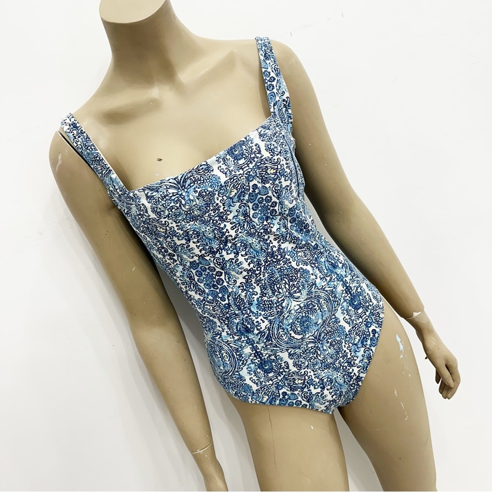 NIP TUCK blue print square neckline one piece. Size 8.